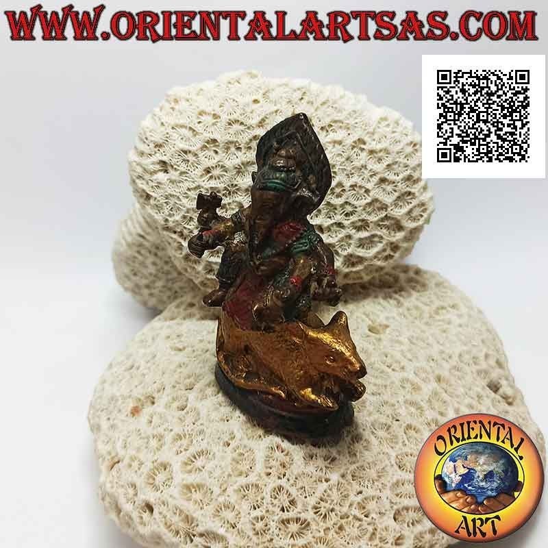 Ganesh Skulptur "der Elefantengott" auf der Riesenmaus sitzend, Messing handbemalt 7,5 cm