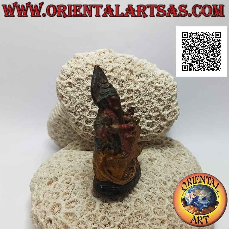 Ganesh sculpture "the elephant god" sitting on the giant mouse, hand painted brass 7.5 cm