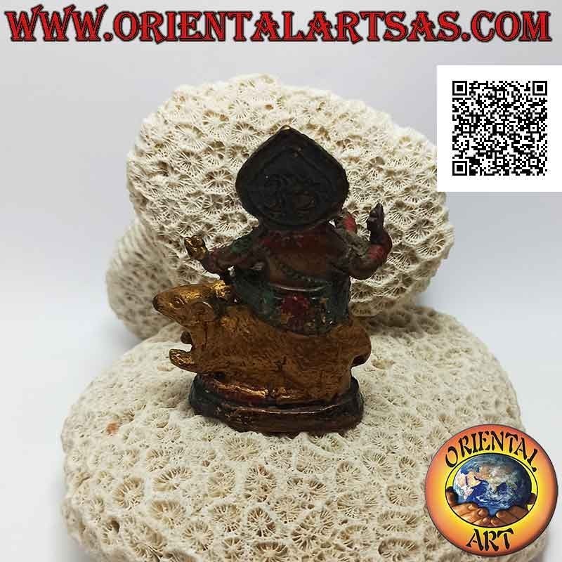 Scultura Ganesh "il Dio elefante" seduto sul topo gigante, in ottone dipinto a mano da 7,5 cm