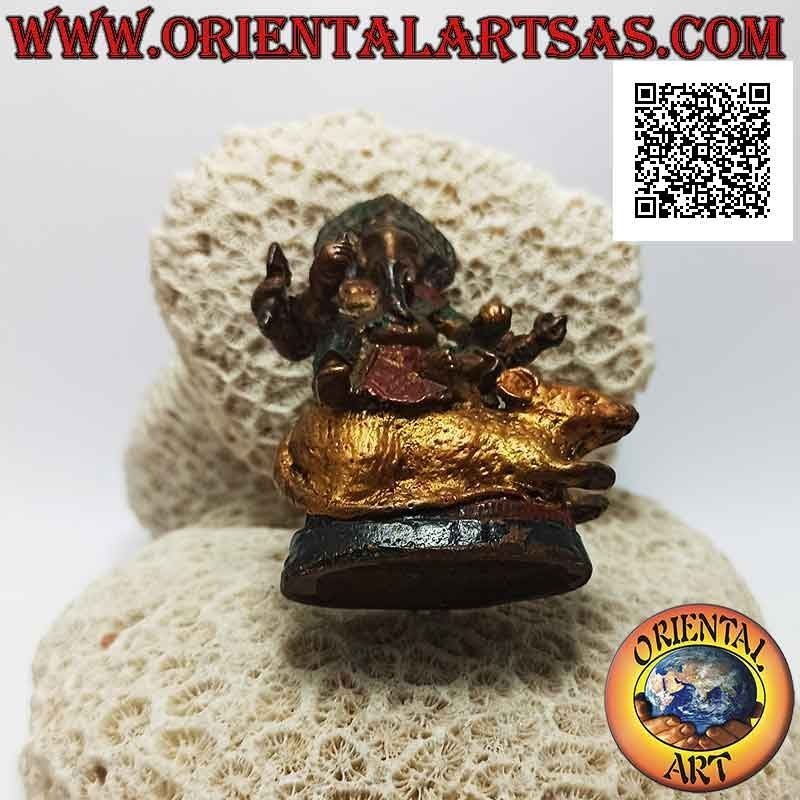Sculpture de Ganesh "le dieu éléphant" assis sur la souris géante, laiton peint à la main 7,5 cm