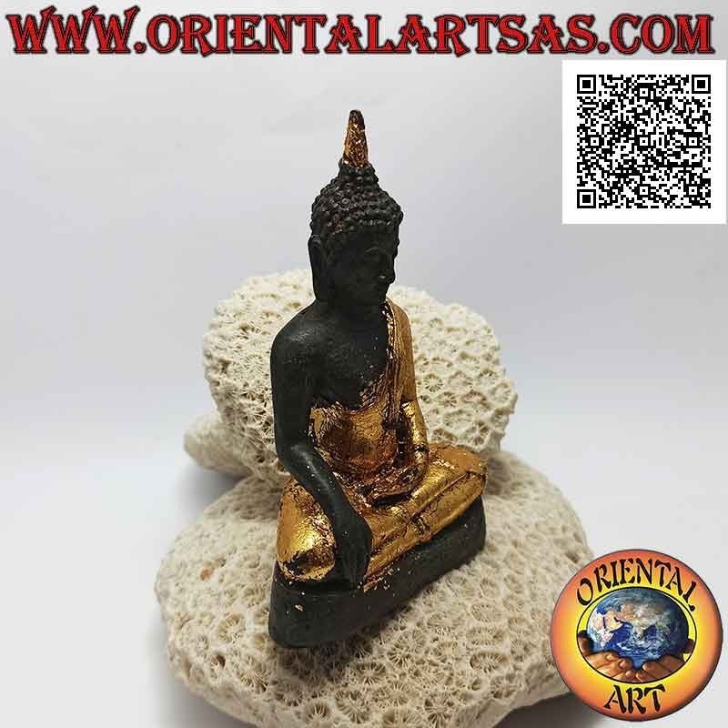 Sculpture de Bouddha "Bhumisparsha Mudra - Subduing the demon Mara" en bronze avec des pièces de feuille d'or de 12 cm