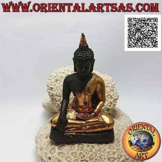 Buddha sculpture "Bhumisparsha Mudra - Subduing the demon Mara" in bronze with parts of 12 cm gold foil