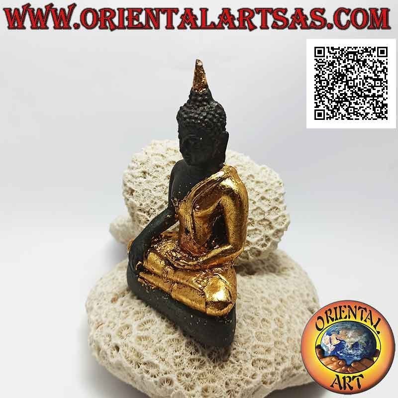 Buddha-Skulptur "Bhumisparsha Mudra - Unterwerfung des Dämons Mara" in Bronze mit Teilen aus 12 cm Goldfolie