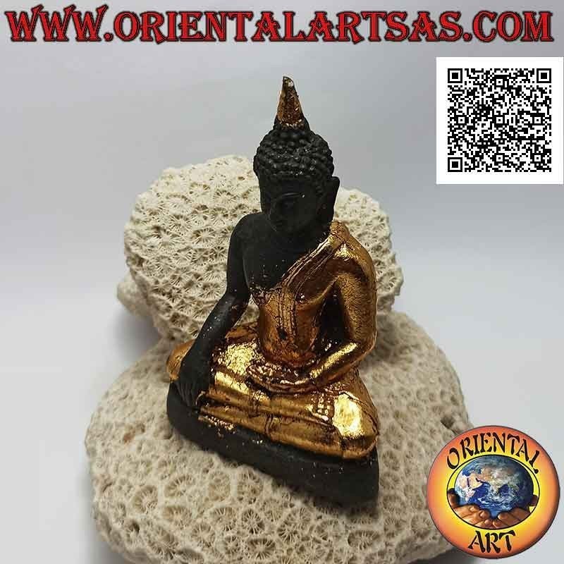Sculpture de Bouddha "Bhumisparsha Mudra - Subduing the demon Mara" en bronze avec des pièces de feuille d'or de 12 cm