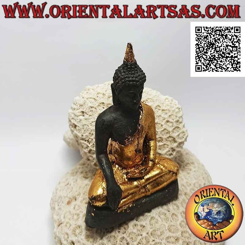 Sculpture de Bouddha "Bhumisparsha Mudra - Subduing the demon Mara" en bronze avec des pièces de feuille d'or de 12 cm