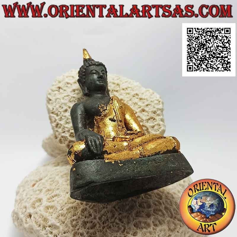Buddha-Skulptur "Bhumisparsha Mudra - Unterwerfung des Dämons Mara" in Bronze mit Teilen aus 12 cm Goldfolie