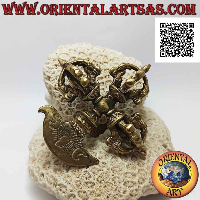 Kartika tibetano (oggetto arma spirituale buddista) con triplo dorje in ottone dorato da 10 cm