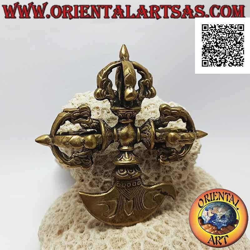 Kartika tibetano (oggetto arma spirituale buddista) con triplo dorje in ottone dorato da 10 cm