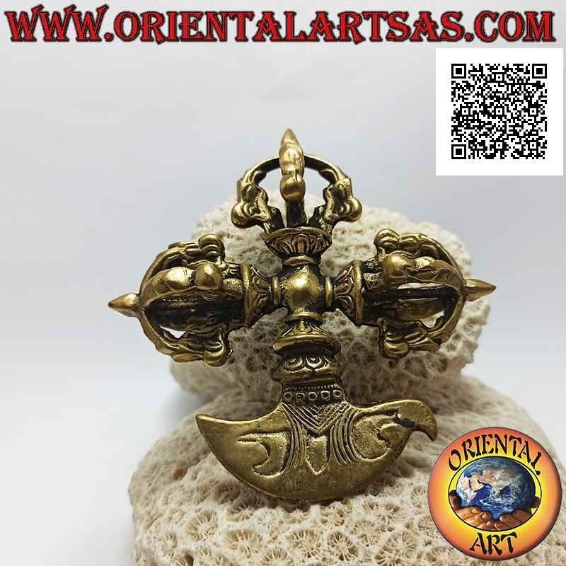 Kartika tibetano (oggetto arma spirituale buddista) con triplo dorje in ottone dorato da 10 cm