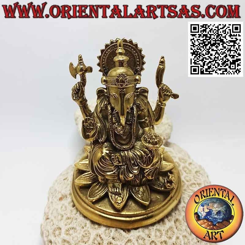 Escultura de Ganesh "el dios elefante" sentado en la flor de loto, en latón dorado de 12 cm