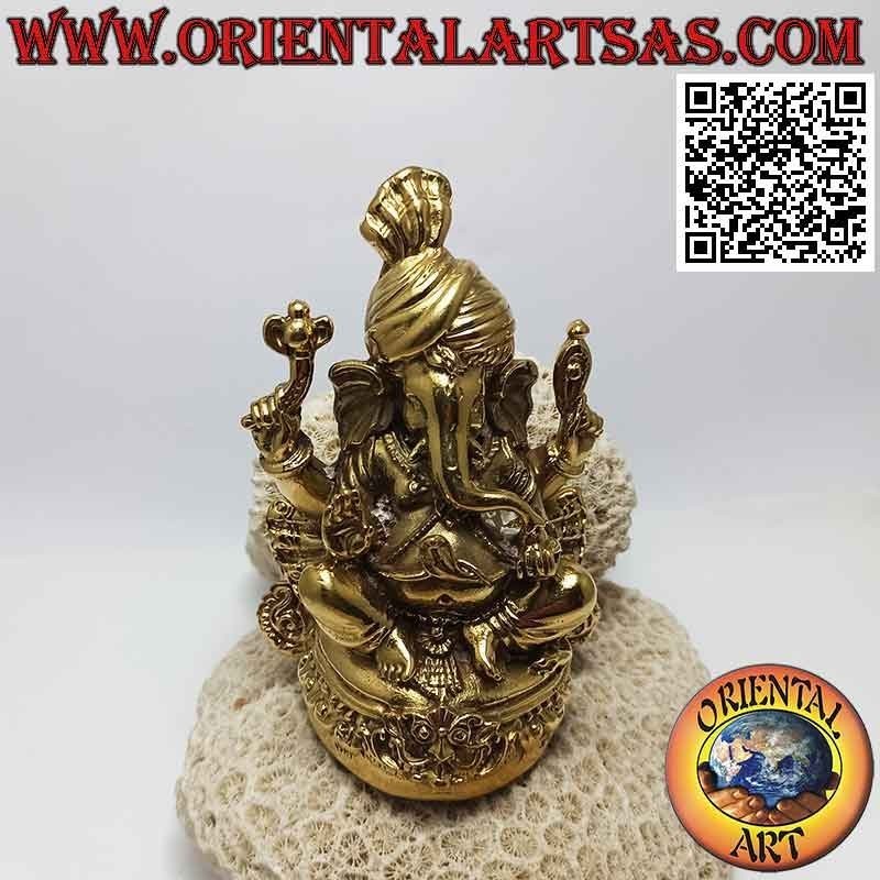 Sculpture de Ganesh "le Dieu éléphant" assis sur l'autel avec le turban, en laiton doré 12 cm