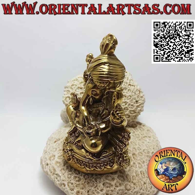 Ganesh sculpture "the elephant God" sitting on the altar with the turban, in 12 cm gilded brass