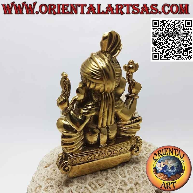 Ganesh sculpture "the elephant God" sitting on the altar with the turban, in 12 cm gilded brass