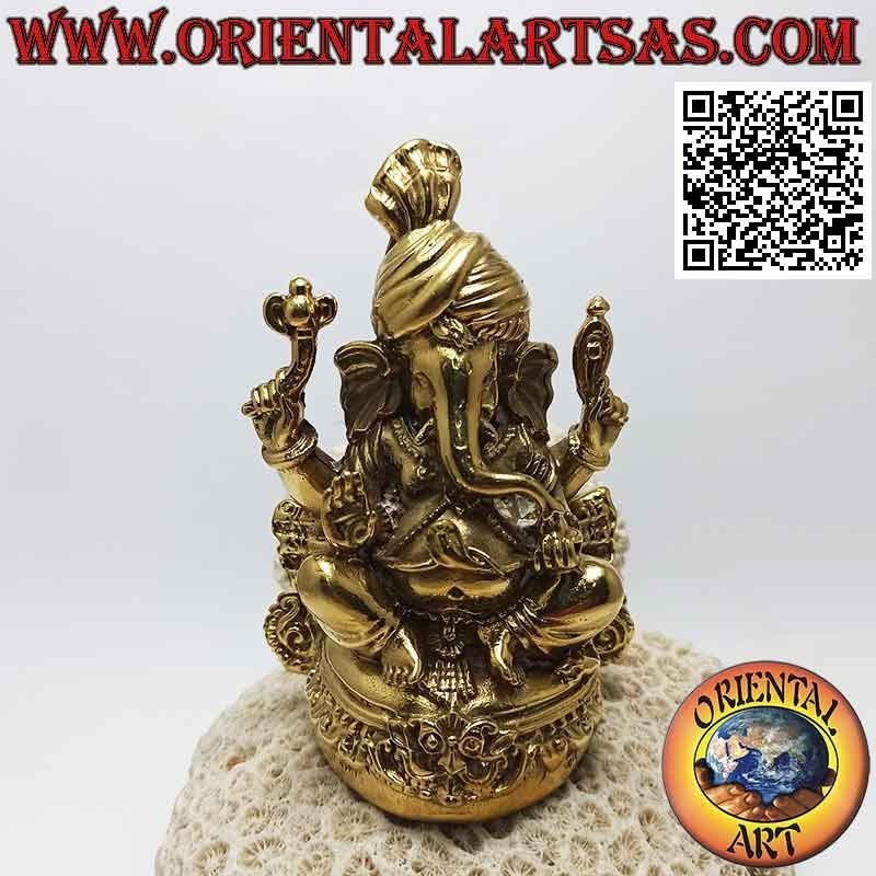 Sculpture de Ganesh "le Dieu éléphant" assis sur l'autel avec le turban, en laiton doré 12 cm