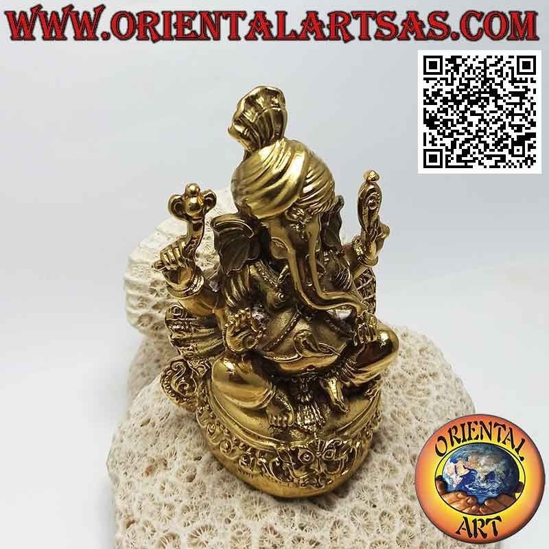 Sculpture de Ganesh "le Dieu éléphant" assis sur l'autel avec le turban, en laiton doré 12 cm