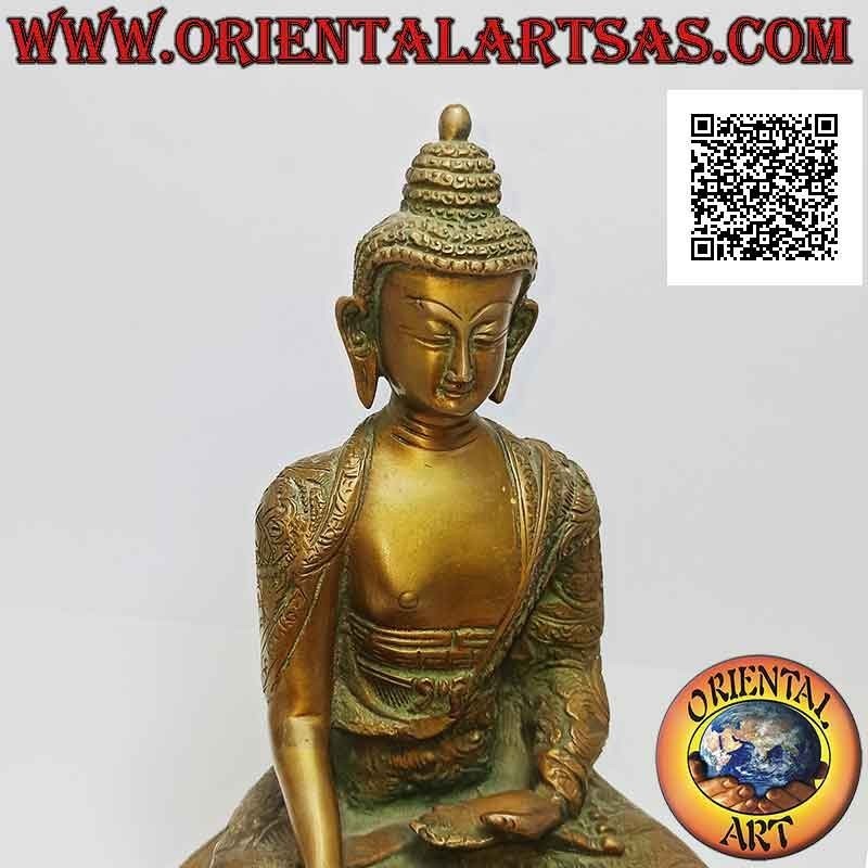 Scultura Buddha "Bhumisparsha Mudra - Sottomettendo il demone Mara" in ottone da 21 cm