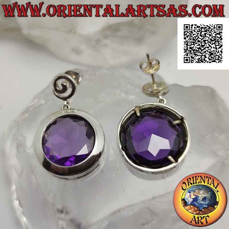 Silver lobe earrings with large round faceted synthetic amethyst with smooth edge wire