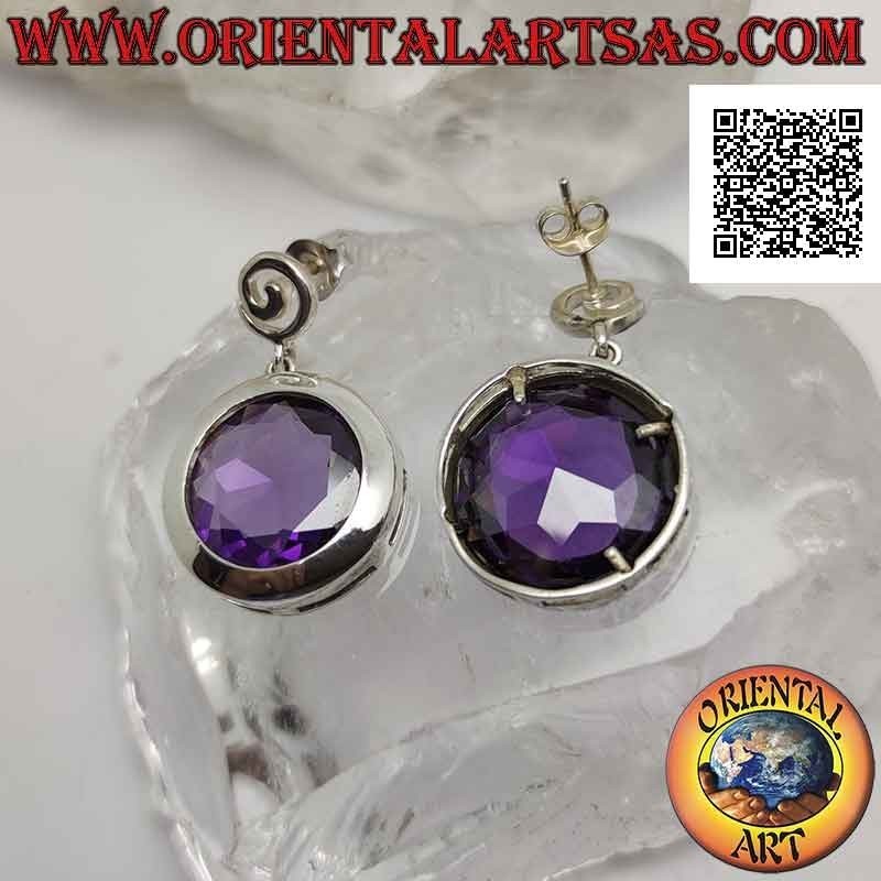 Silver lobe earrings with large round faceted synthetic amethyst with smooth edge wire