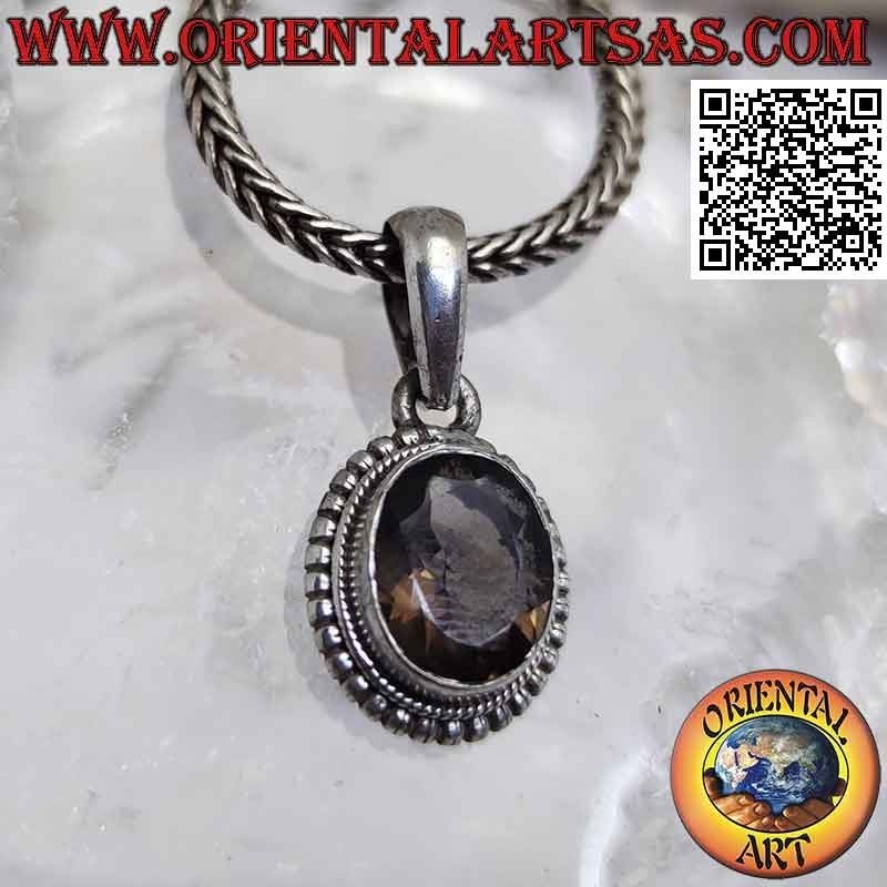Silver pendant with oval smoky topaz surrounded by weaving