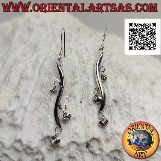 Silver earrings with wavy line hooks with dangling balls of intertwining