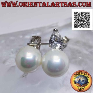 Silberne Lobe-Ohrringe mit weißer Perle und weißem Tropfen-Zirkon-Set