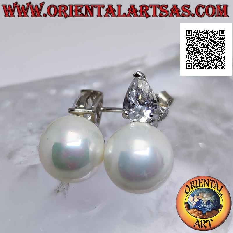 Silberne Lobe-Ohrringe mit weißer Perle und weißem Tropfen-Zirkon-Set