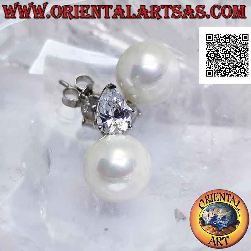 Silver lobe earrings with white pearl and white teardrop zircon set