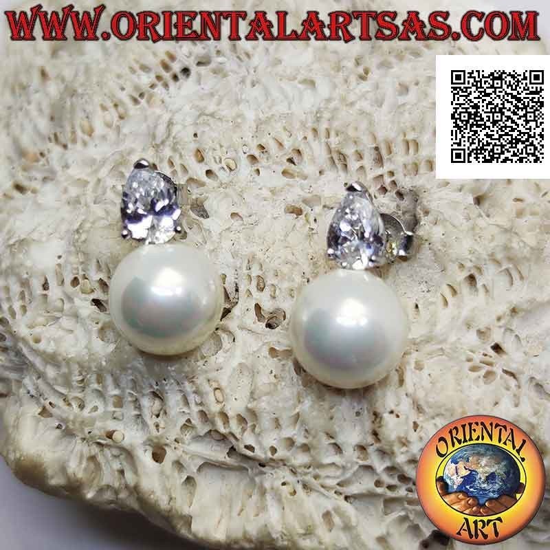 Boucles d'oreilles lobe en argent avec perle blanche et zircons en forme de larme blanche