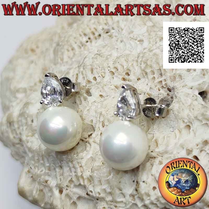 Pendientes lóbulos de plata con perla blanca y conjunto de circonitas en forma de lágrima blanca