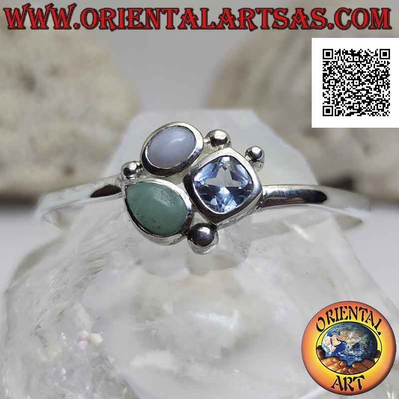 Glattes 925 ‰ silbernes starres Armband mit Trio aus zentralen Steinen (Jade, Chalcedon und Topas)