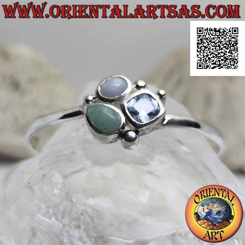 Bracelet rigide en argent 925 ‰ lisse avec trio de pierres centrales (jade, calcédoine et topaze)