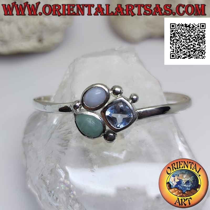 Bracciale rigido in argento 925‰ liscio con tris di pietre centrali (giada,calcedonio e topazio)