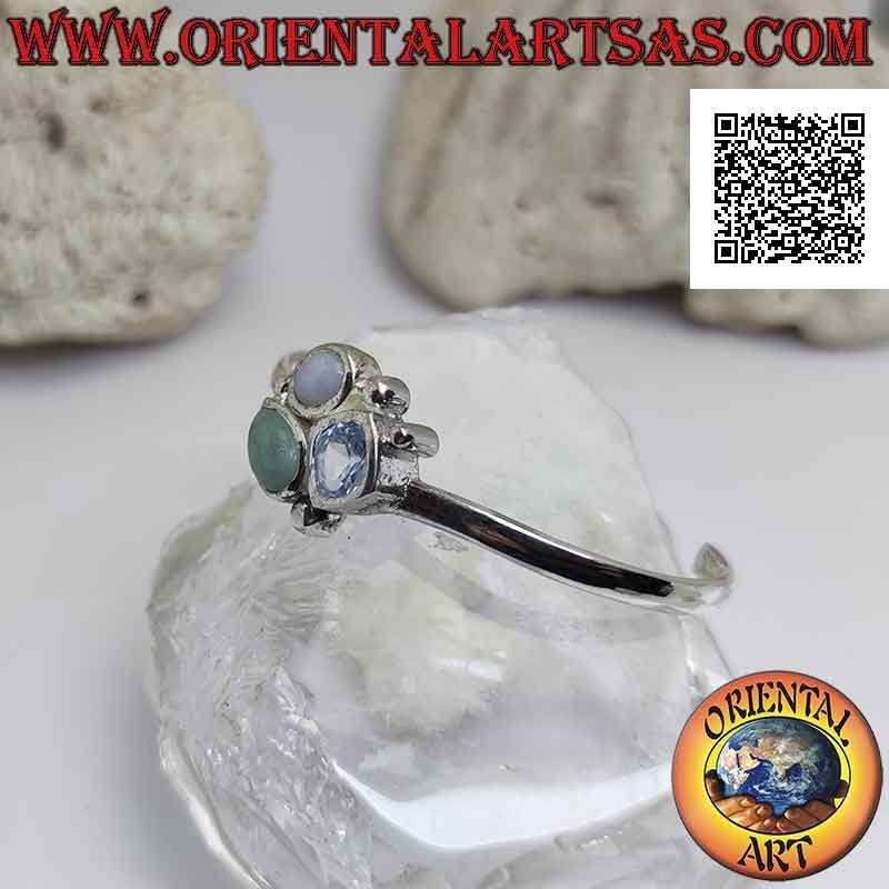 Bracelet rigide en argent 925 ‰ lisse avec trio de pierres centrales (jade, calcédoine et topaze)