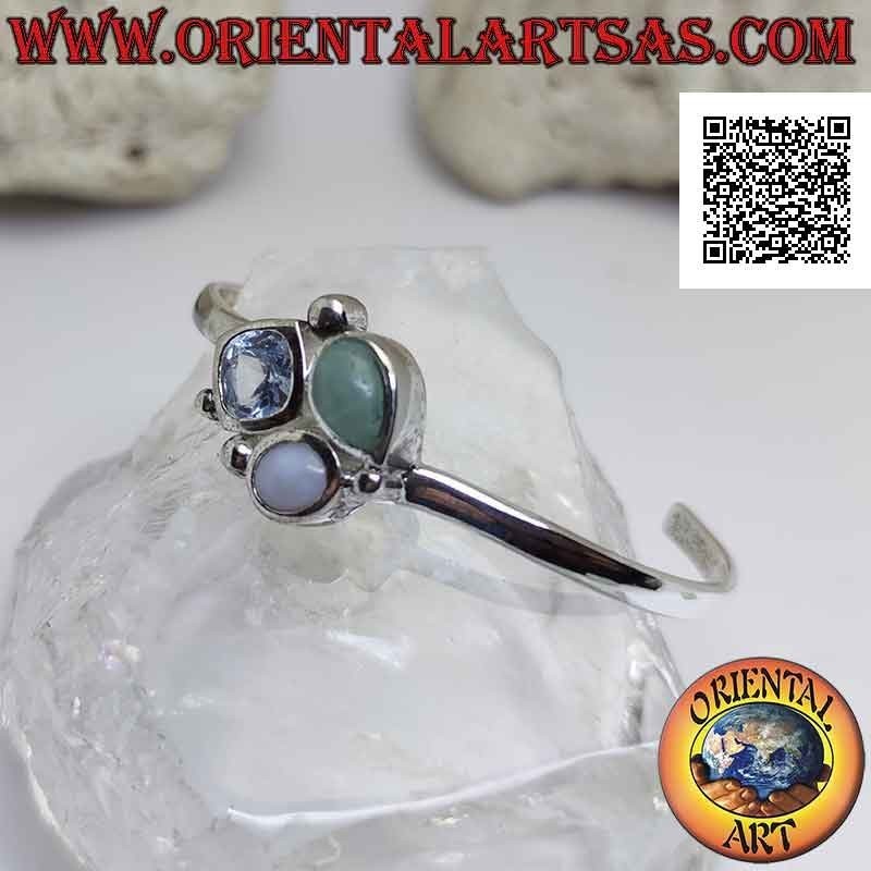 Bracelet rigide en argent 925 ‰ lisse avec trio de pierres centrales (jade, calcédoine et topaze)