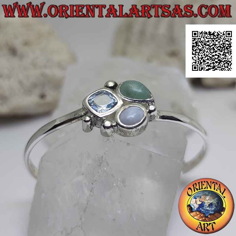 Bracciale rigido in argento 925‰ liscio con tris di pietre centrali (giada,calcedonio e topazio)