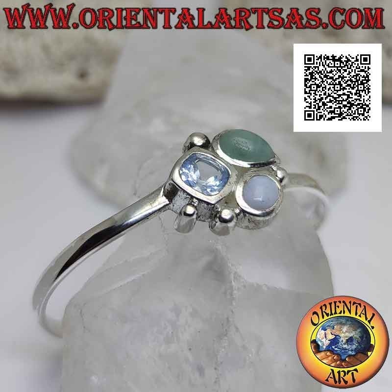Bracciale rigido in argento 925‰ liscio con tris di pietre centrali (giada,calcedonio e topazio)