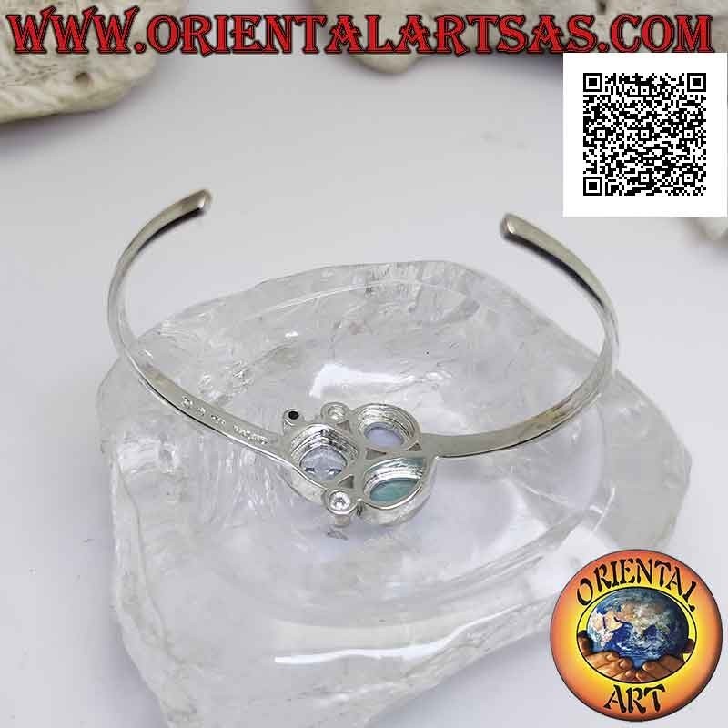 Bracelet rigide en argent 925 ‰ lisse avec trio de pierres centrales (jade, calcédoine et topaze)