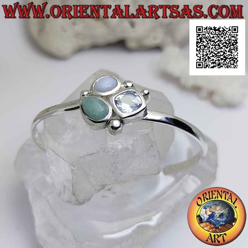 Smooth 925 ‰ silver rigid bracelet with trio of central stones (jade, chalcedony and topaz)