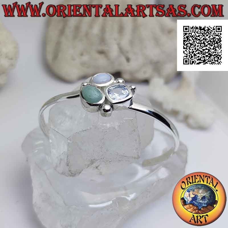 Glattes 925 ‰ silbernes starres Armband mit Trio aus zentralen Steinen (Jade, Chalcedon und Topas)