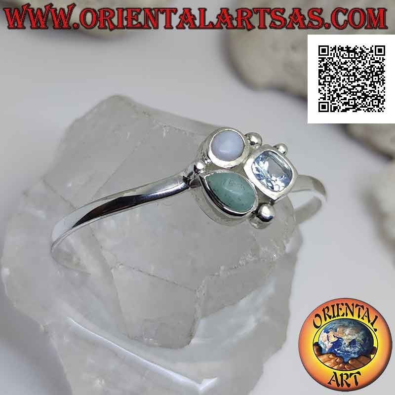 Bracciale rigido in argento 925‰ liscio con tris di pietre centrali (giada,calcedonio e topazio)
