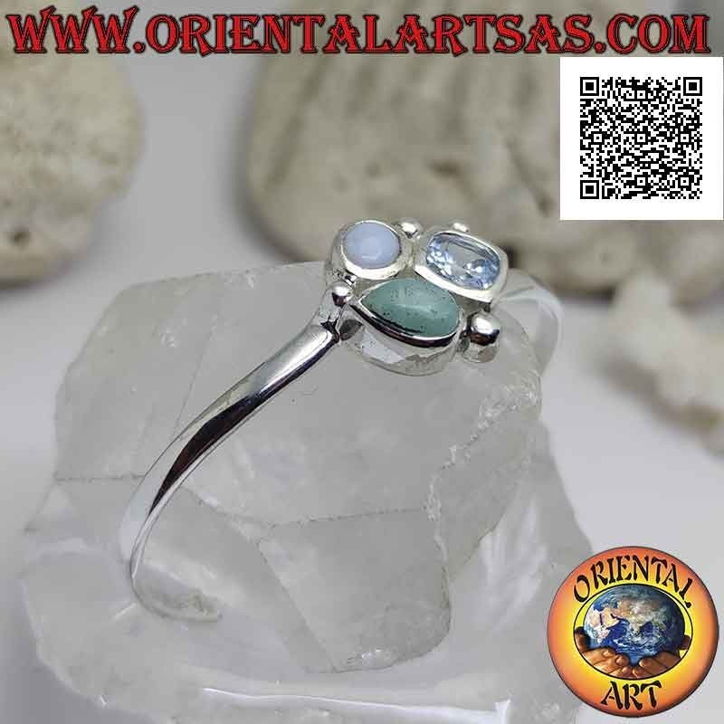 Bracciale rigido in argento 925‰ liscio con tris di pietre centrali (giada,calcedonio e topazio)