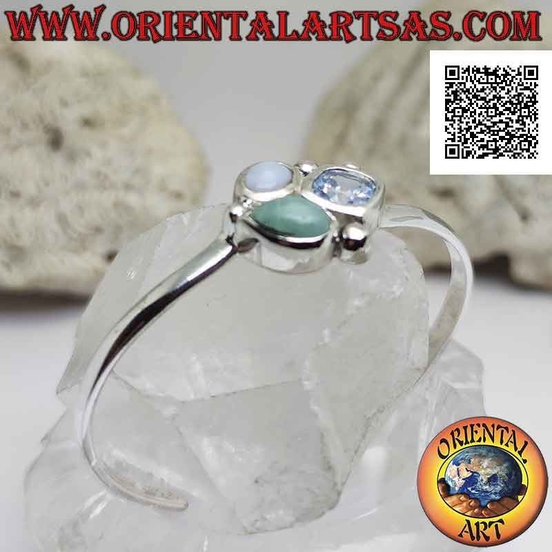 Bracelet rigide en argent 925 ‰ lisse avec trio de pierres centrales (jade, calcédoine et topaze)