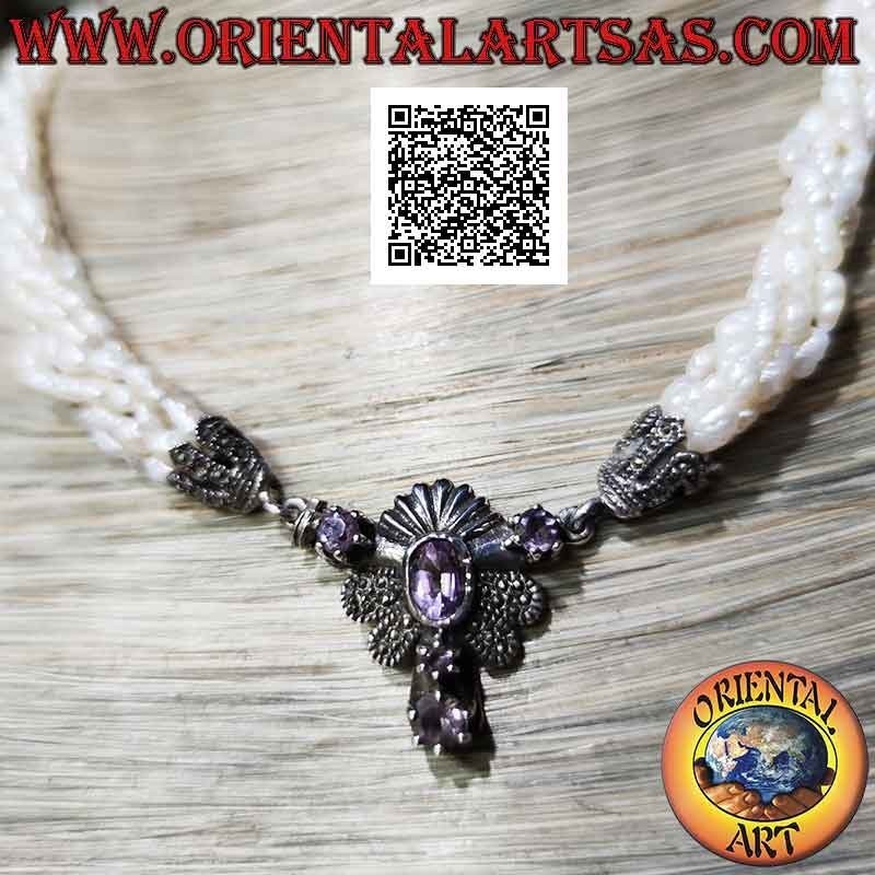 Collana in argento 925 ‰ a 5 fili di perle di fiume e chiusura tempestata di marcassite e ametista