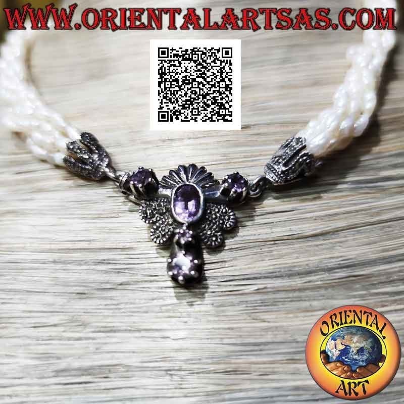 925 ‰ silver necklace with 5 rows of freshwater pearls and clasp studded with marcasite and amethyst