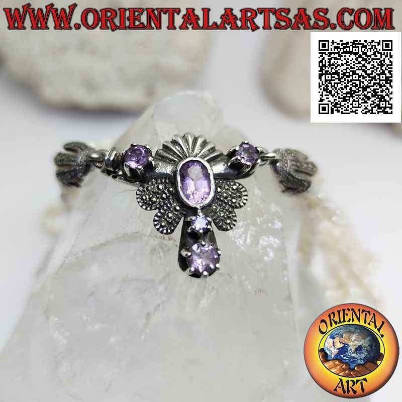 925 ‰ silver necklace with 5 rows of freshwater pearls and clasp studded with marcasite and amethyst