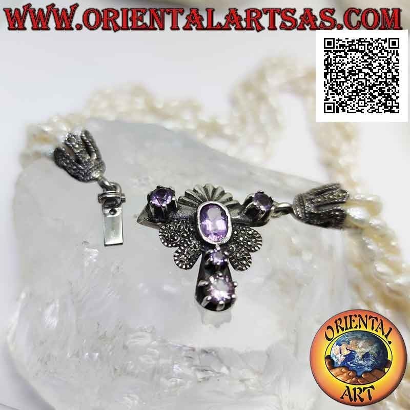 925 ‰ Silberkette mit 5 Reihen Süßwasserperlen und Schließe besetzt mit Markasit und Amethyst