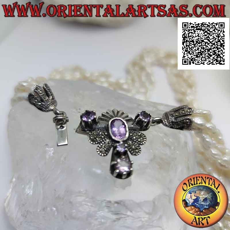 925 ‰ silver necklace with 5 rows of freshwater pearls and clasp studded with marcasite and amethyst