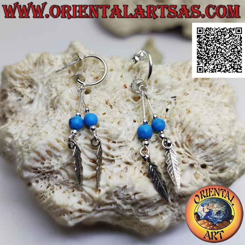 Faux silver smooth circle earrings (butterfly clasp) and turquoise bead and feather pendants