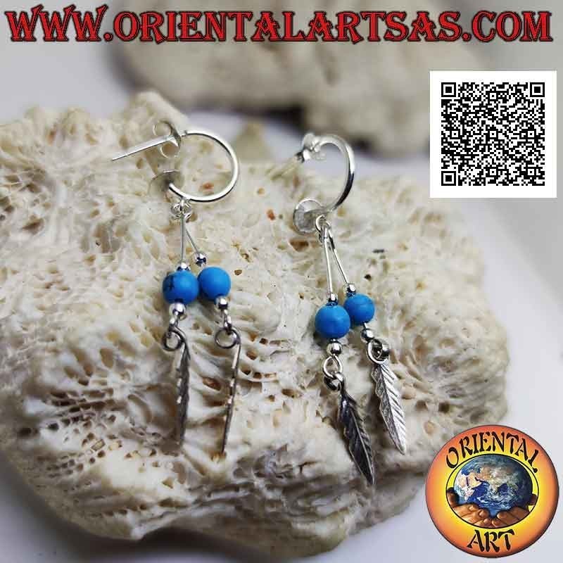Orecchini in argento finto cerchio liscio (chiusura a farfallina) e perlina turchese e piuma pendenti