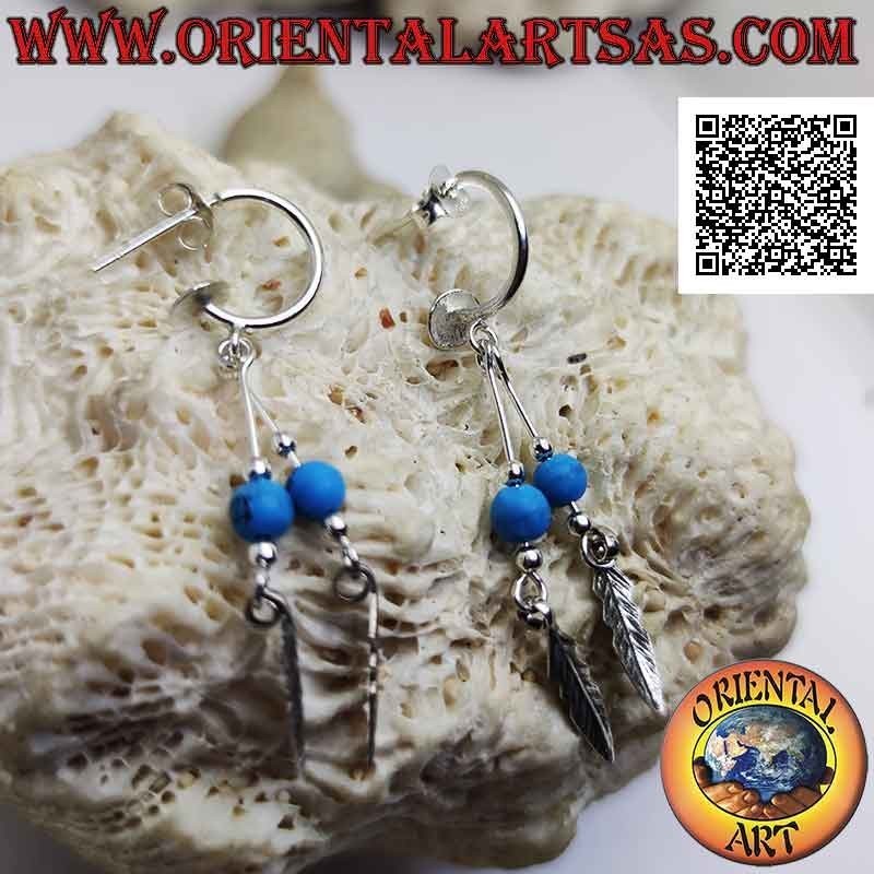 Boucles d'oreilles cercle lisse en faux argent (fermoir papillon) et pendentifs perles et plumes turquoises